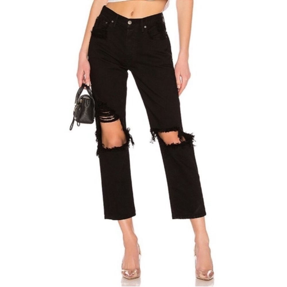 GRLFRND Helena Distressed Black Jeans Cropped Straight Leg 90s Minimalist Style